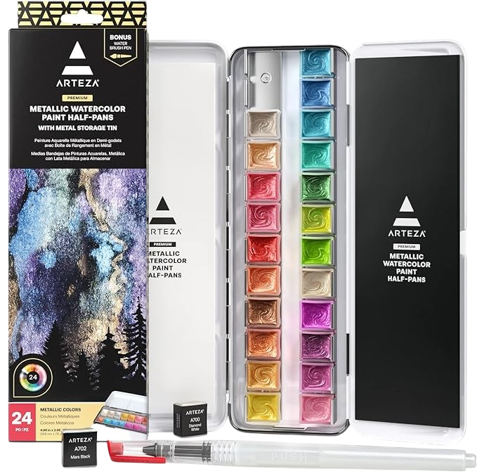 Arteza Metallic Watercolor Paint set of 24 shimmer half pans in metal tin with water brush pen