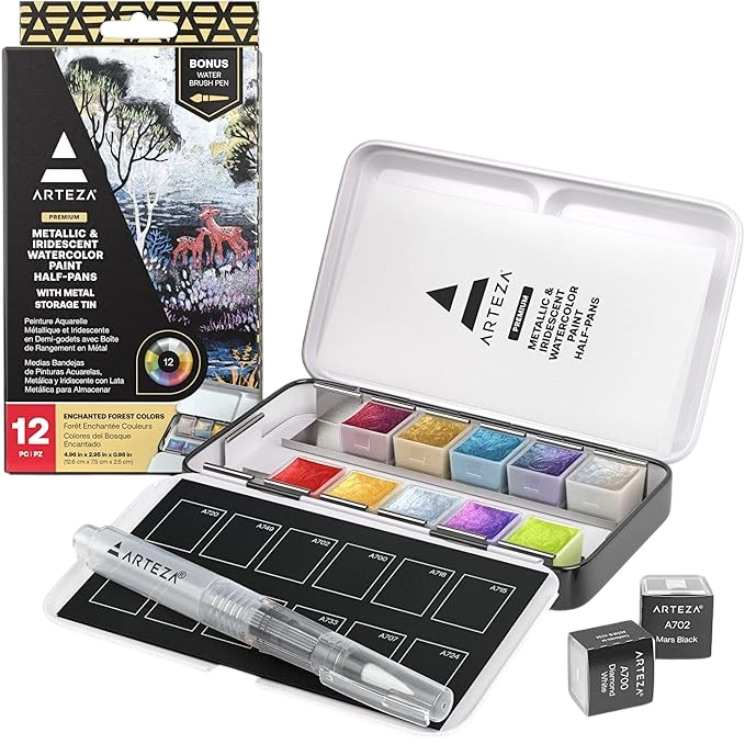 Arteza 12 Metallic Glitter Watercolor half pans travel set with brush pen