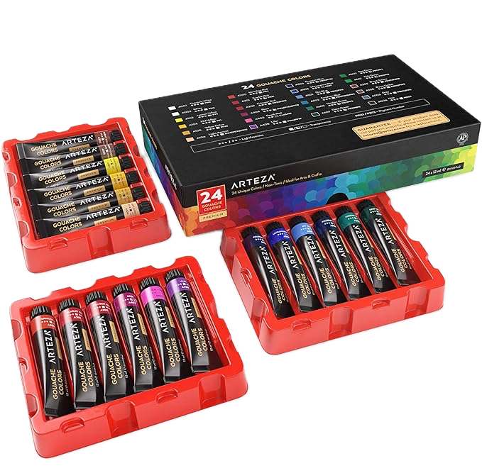 Arteza Gouache Paint set of 24 tubes in assorted colors on white background