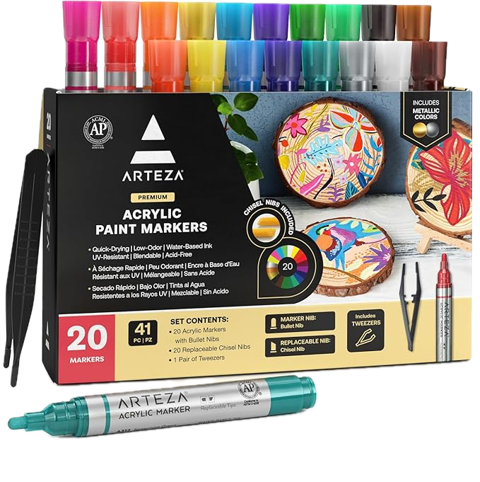 Arteza Acrylic Paint Markers set of 20 pens in assorted colors with painted swatches