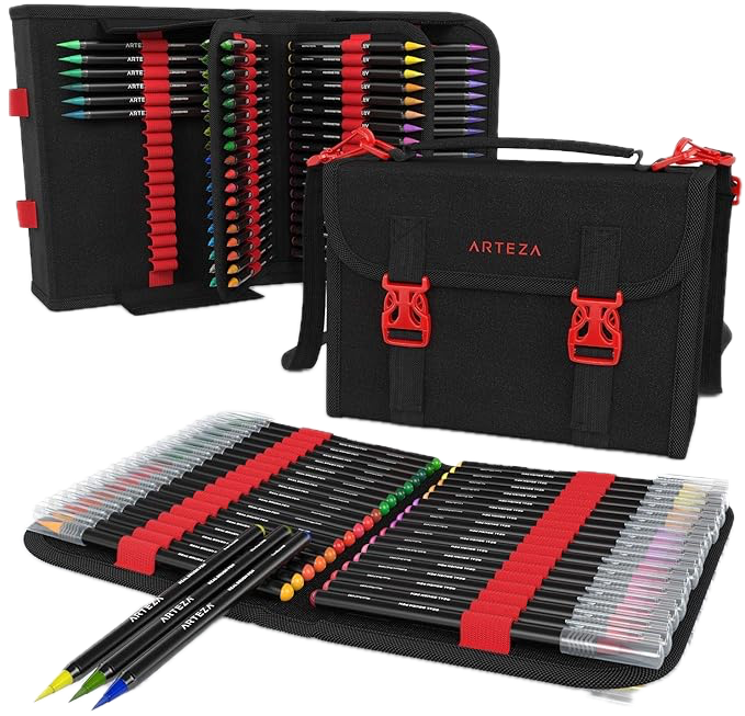 Arteza Real Brush Pens set of 96 water-based markers in portable organizer case