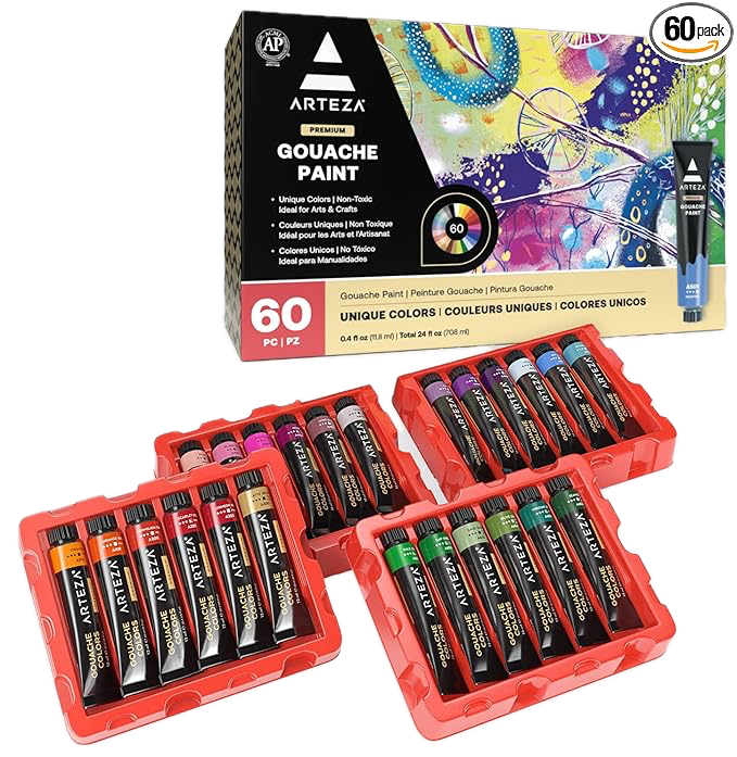 Arteza Gouache Paint set of 60 colorful 12ml tubes arranged in rows